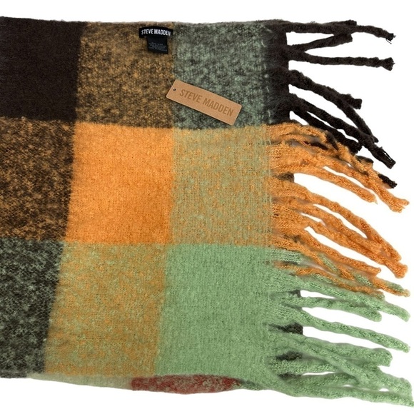 Steve Madden Super Soft Orange Gold Plaid Scarf - Picture 5 of 7